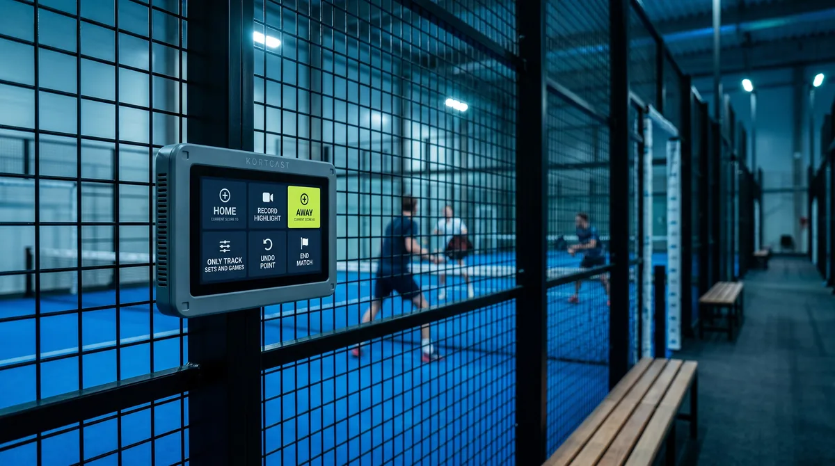 Padel kortunun direğine monte edilmiş KORTCAST terminali, arkada devam eden maç