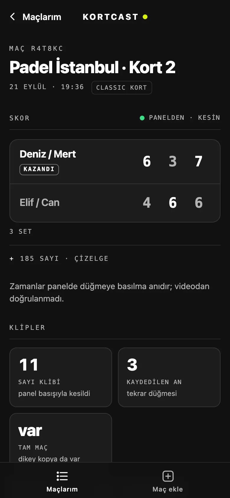 Uygulamada Classic maç kartı: set skorları ve klip sayısı