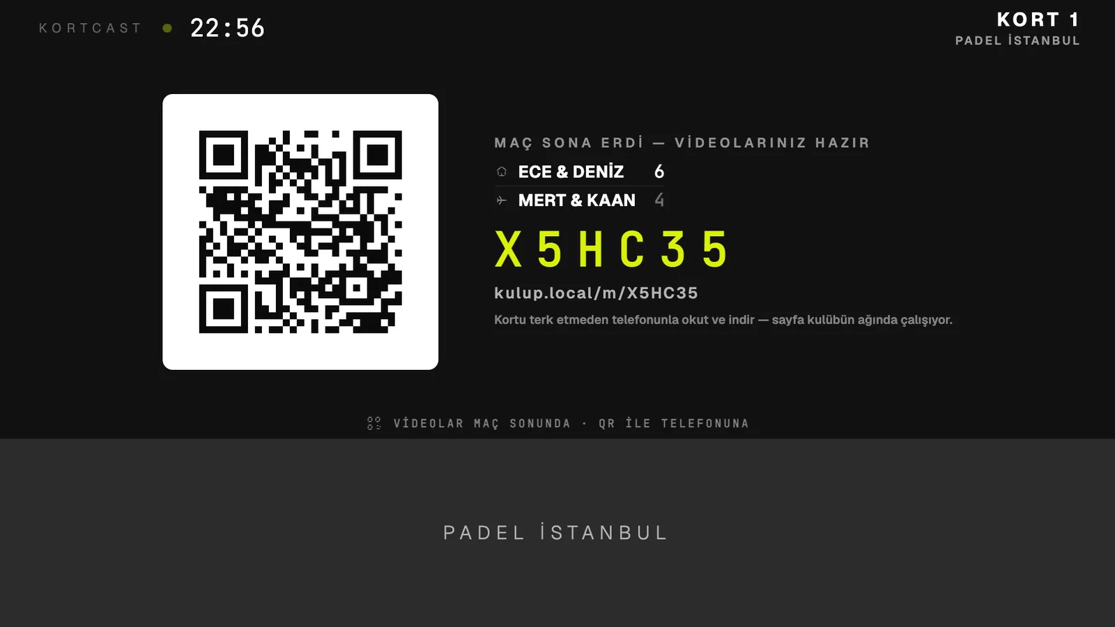 Maç sonu ekranı: QR kod, skor ve altı haneli maç kodu